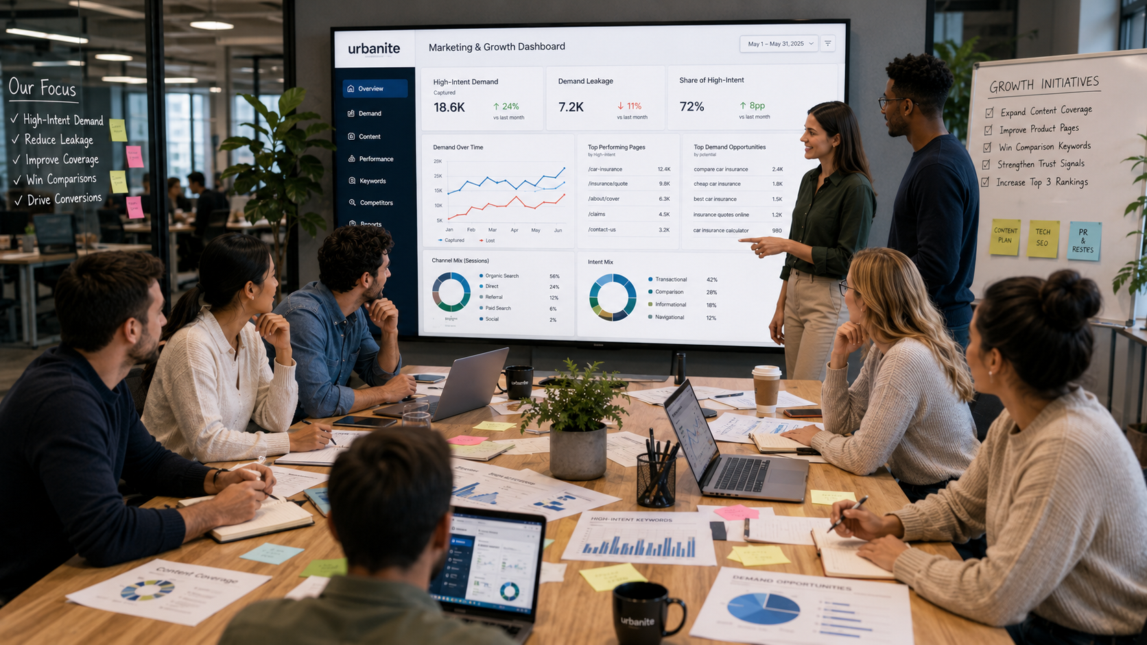 A marketing/growth team reviewing performance material
